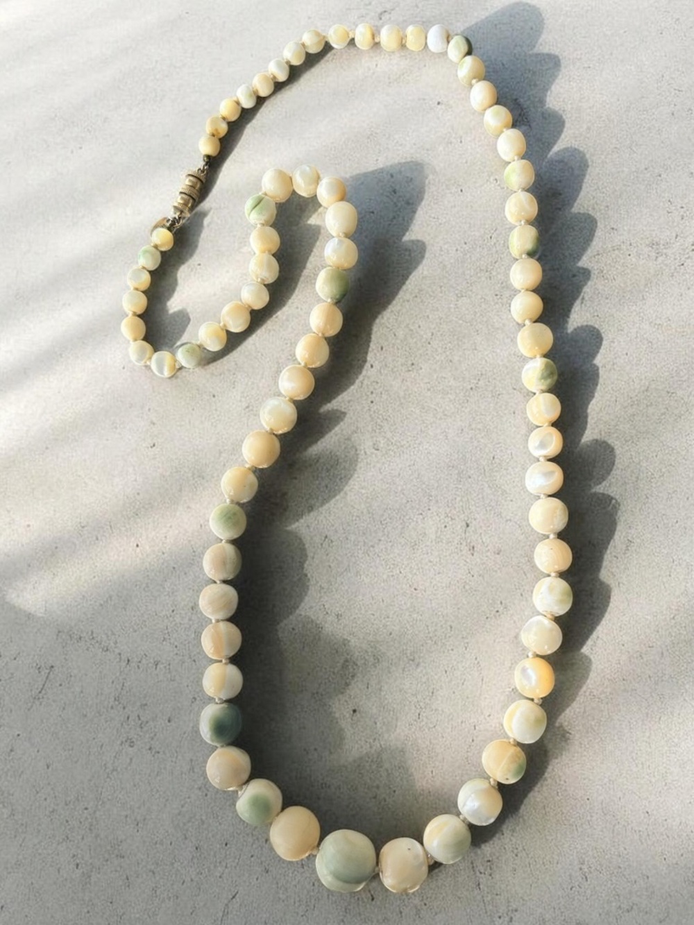 Vintage Les Bernard Signed Long Mother of Pearl Graduated Bead Necklace